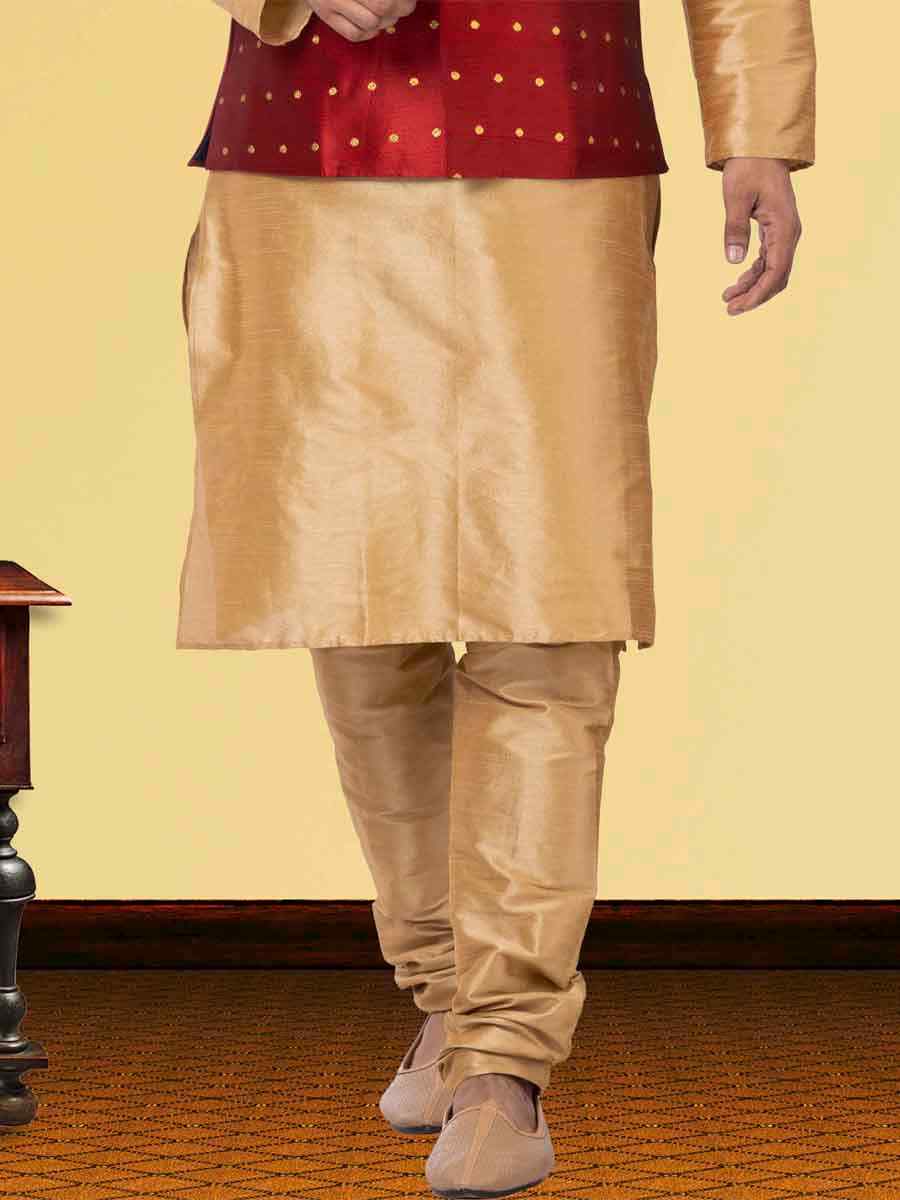 Gold Dhupion Raw Silk Woven Festival Wedding Kurta Waistcoat