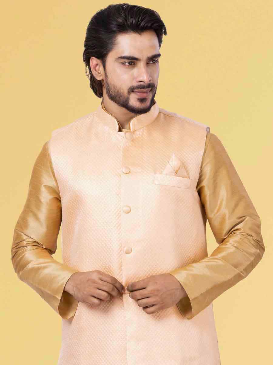 Gold Dhupion Raw Silk Woven Festival Wedding Kurta Waistcoat