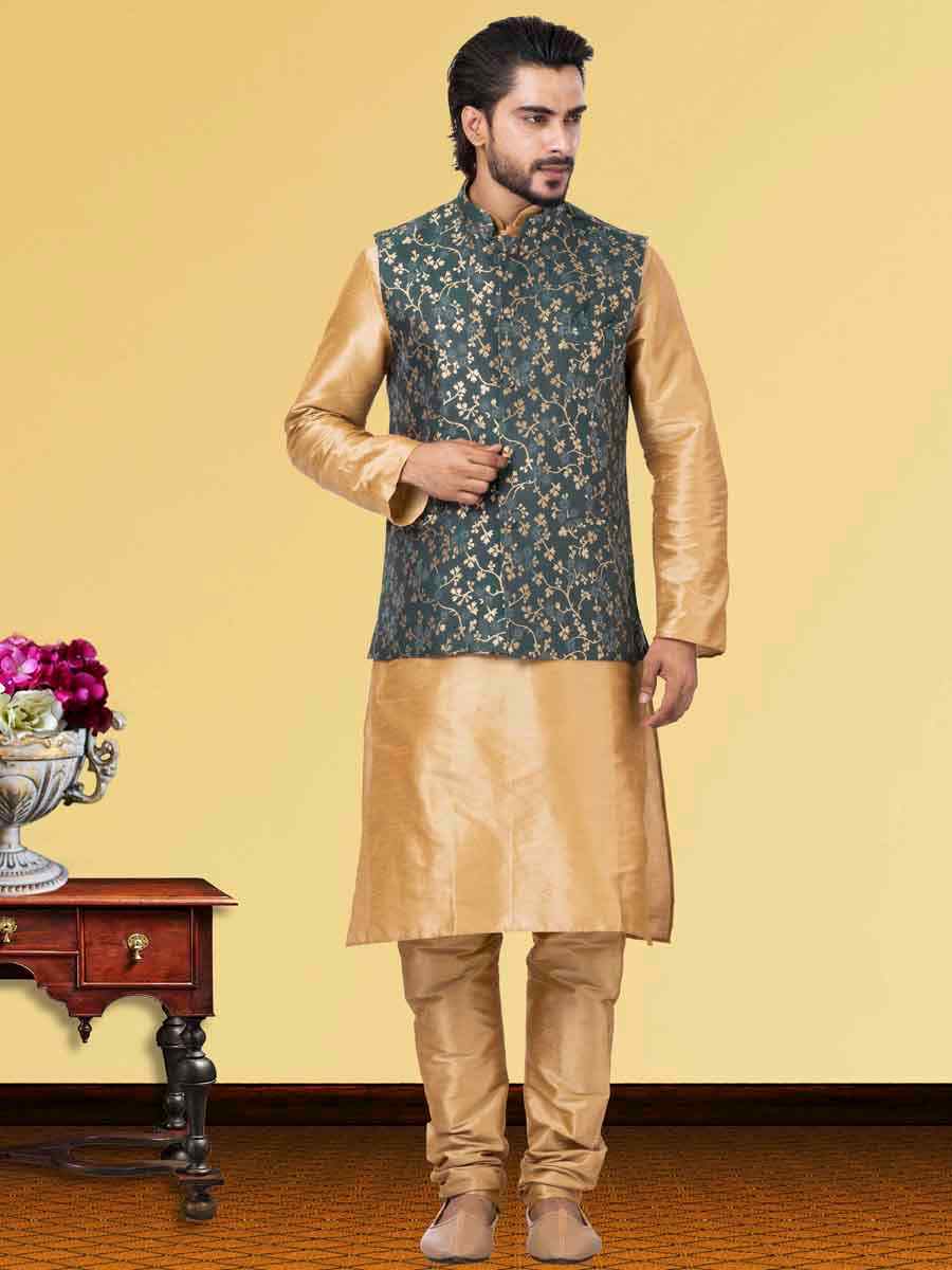 Gold Dhupion Raw Silk Woven Festival Wedding Kurta Waistcoat