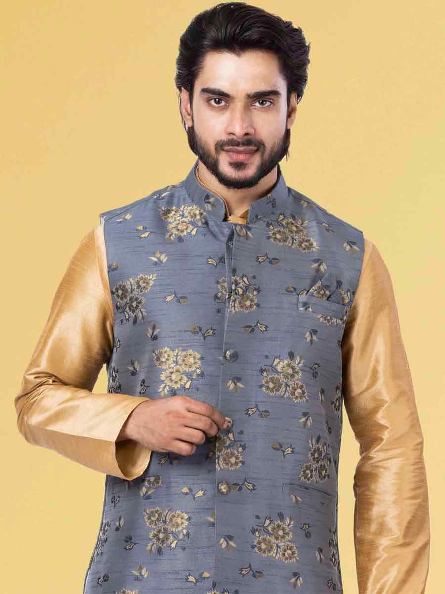 Gold Dhupion Raw Silk Woven Festival Wedding Kurta Waistcoat