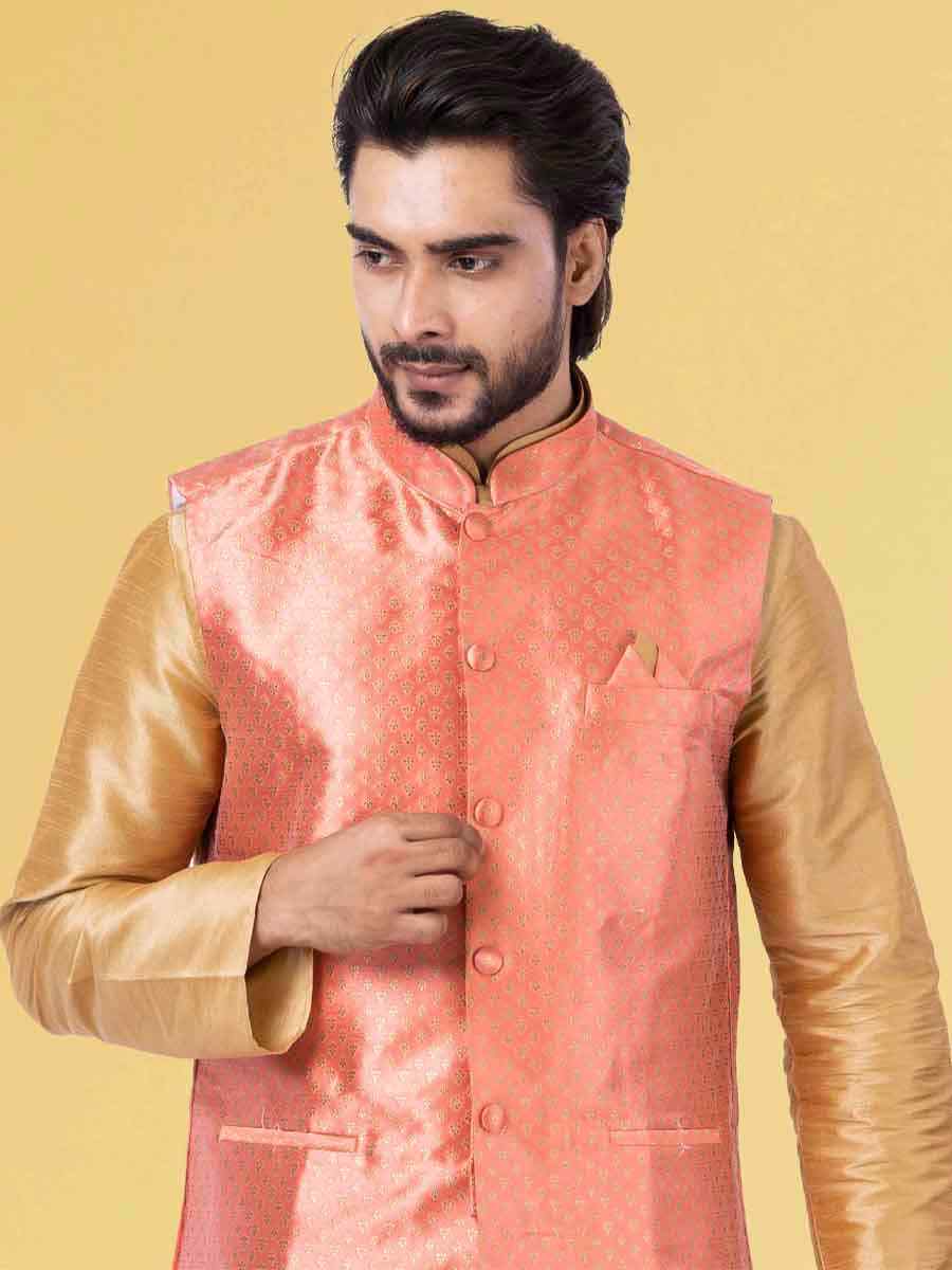 Gold Dhupion Raw Silk Woven Festival Wedding Kurta Waistcoat
