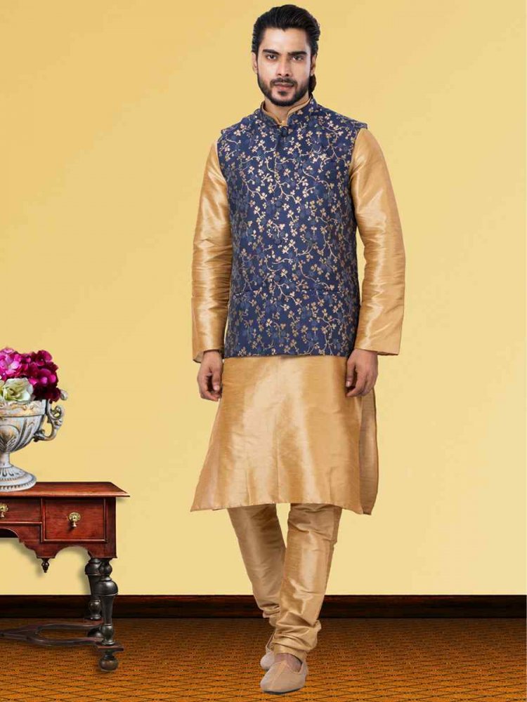 Gold Dhupion Raw Silk Woven Festival Wedding Kurta Waistcoat