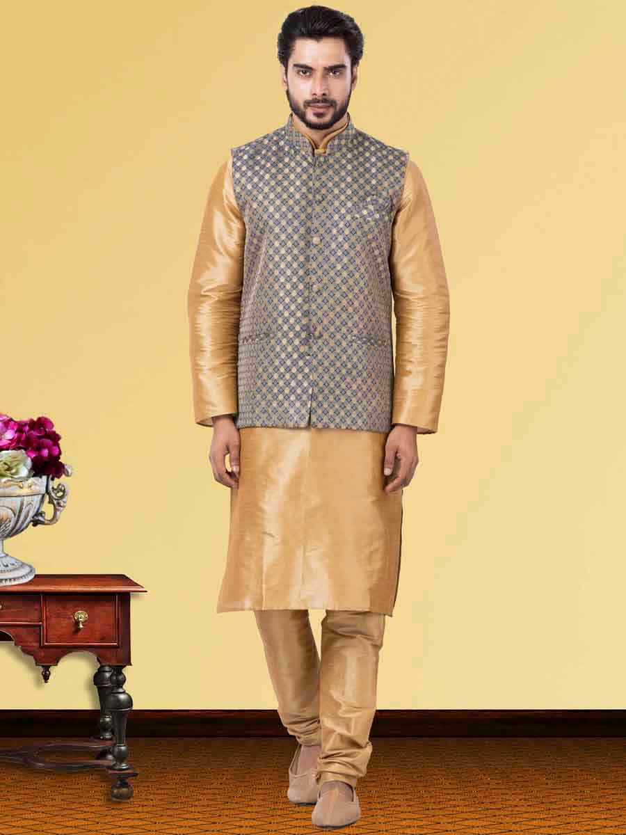 Gold Dhupion Raw Silk Woven Festival Wedding Kurta Waistcoat