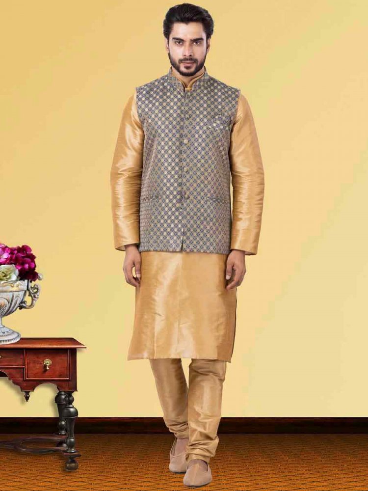 Gold Dhupion Raw Silk Woven Festival Wedding Kurta Waistcoat