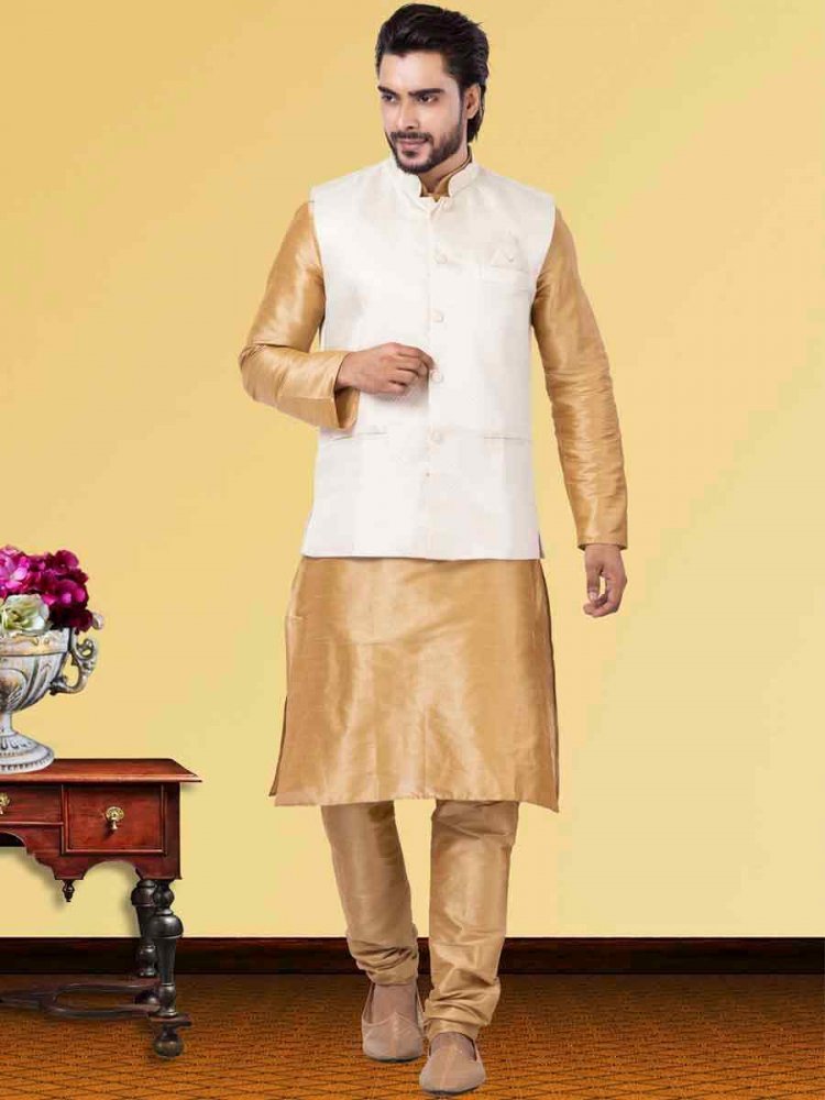 Gold Dhupion Raw Silk Woven Festival Wedding Kurta Waistcoat