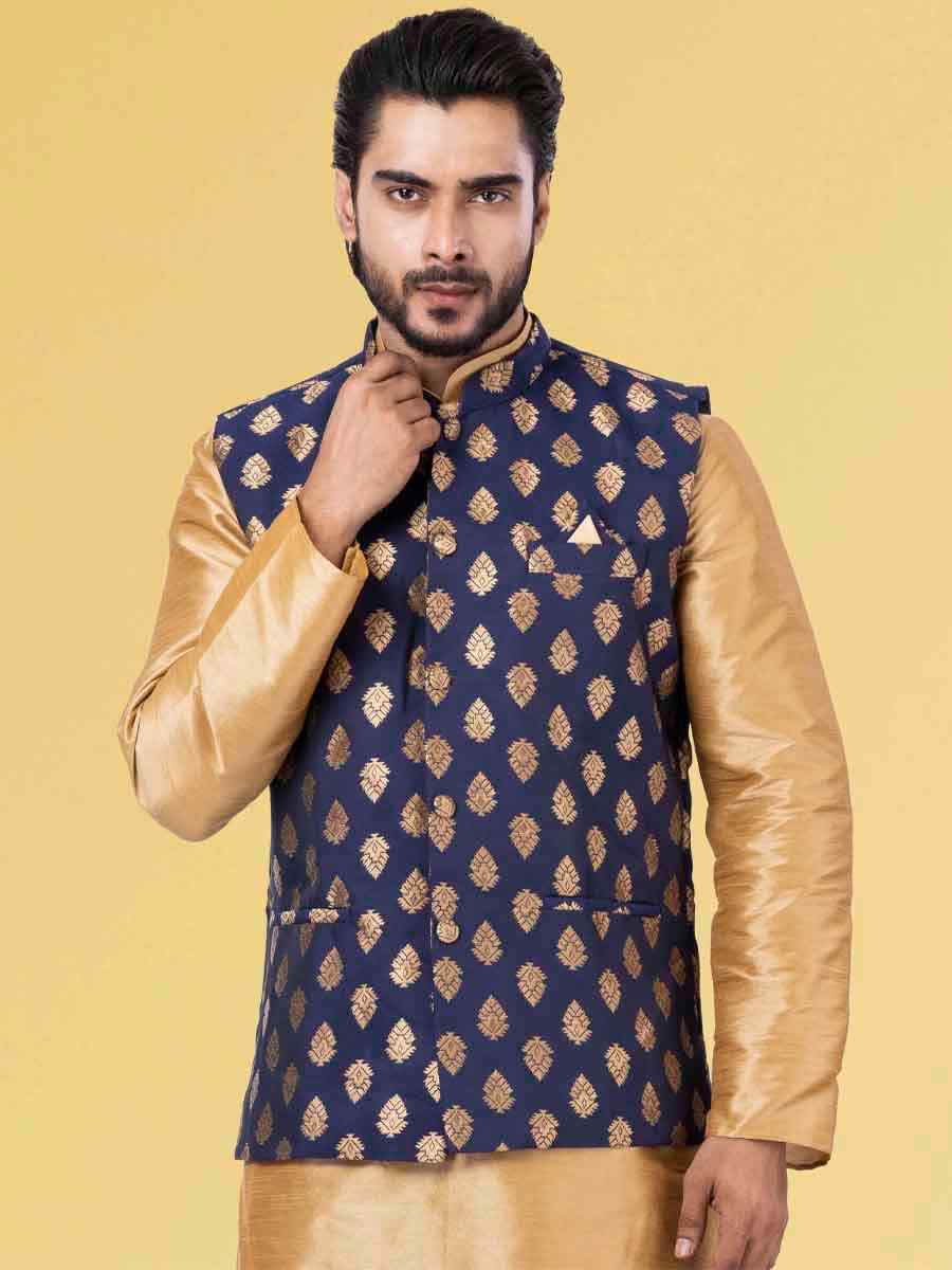 Gold Dhupion Raw Silk Woven Festival Wedding Kurta Waistcoat