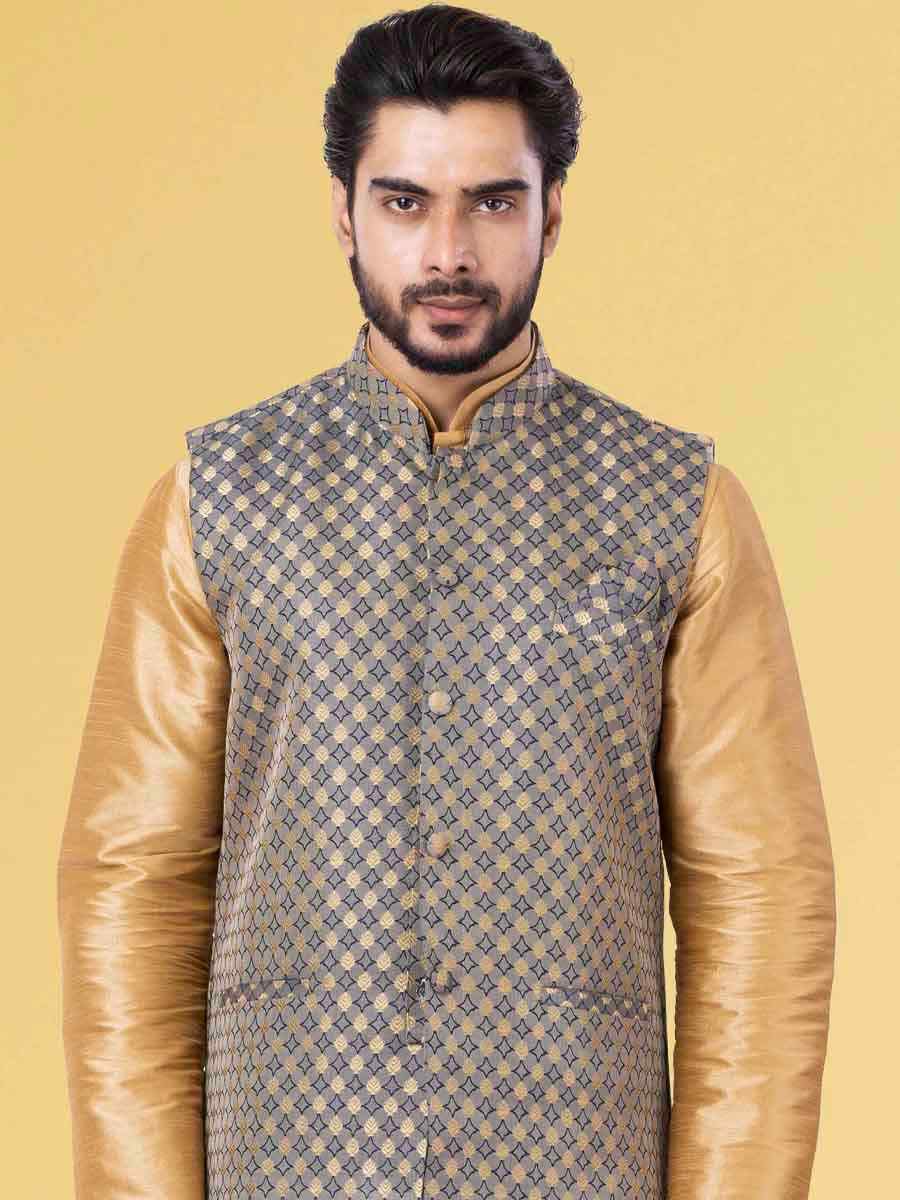 Gold Dhupion Raw Silk Woven Festival Wedding Kurta Waistcoat