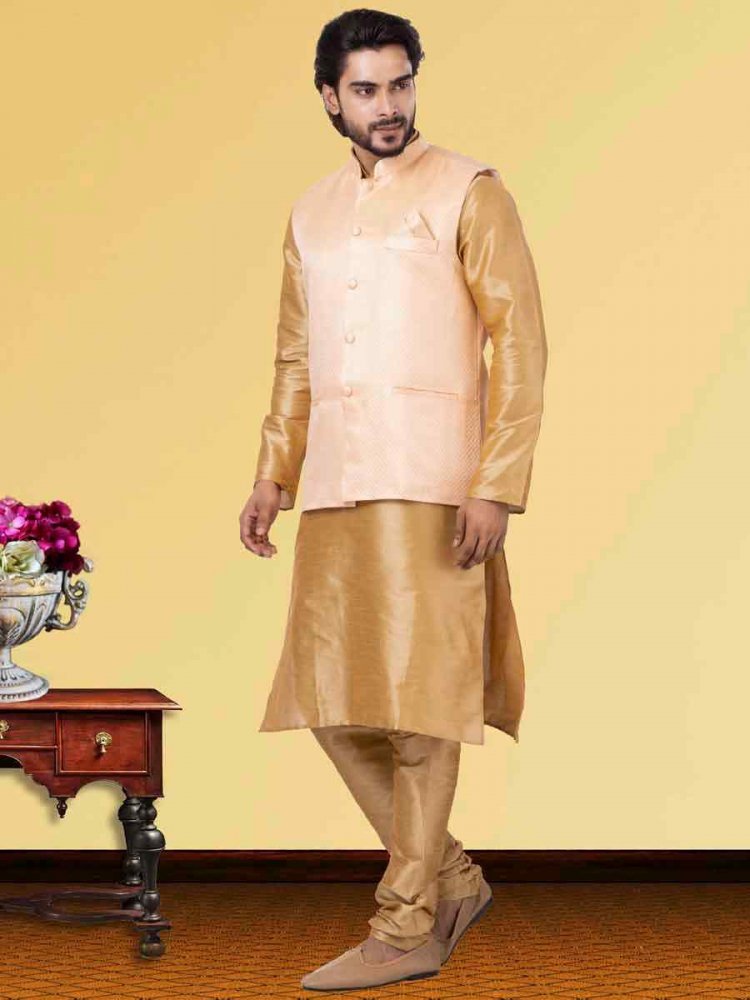 Gold Dhupion Raw Silk Woven Festival Wedding Kurta Waistcoat