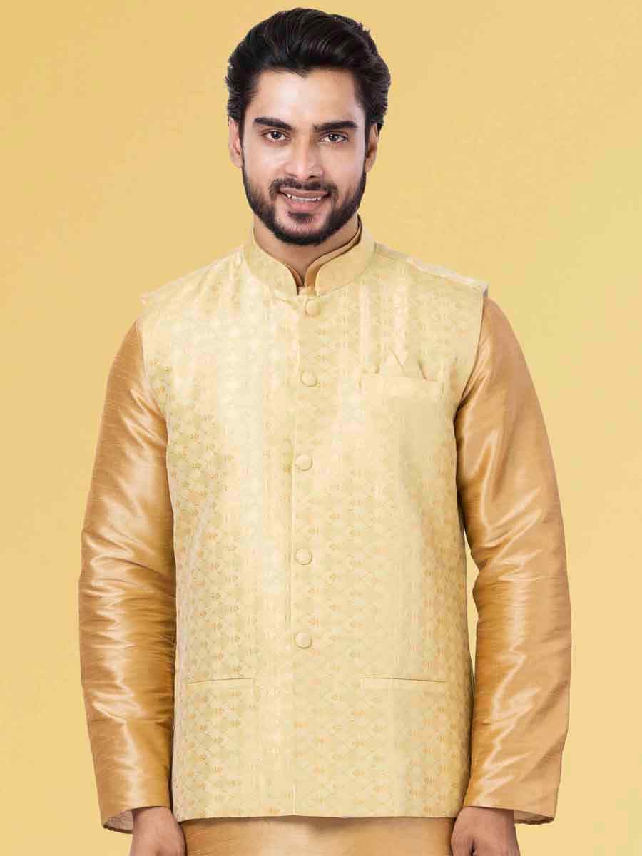 Gold Dhupion Raw Silk Woven Festival Wedding Kurta Waistcoat