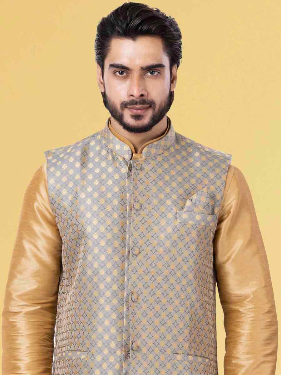 Gold Dhupion Raw Silk Woven Festival Wedding Kurta Waistcoat