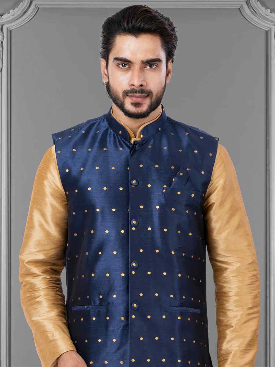 Gold Dhupion Raw Silk Woven Festival Wedding Kurta Waistcoat