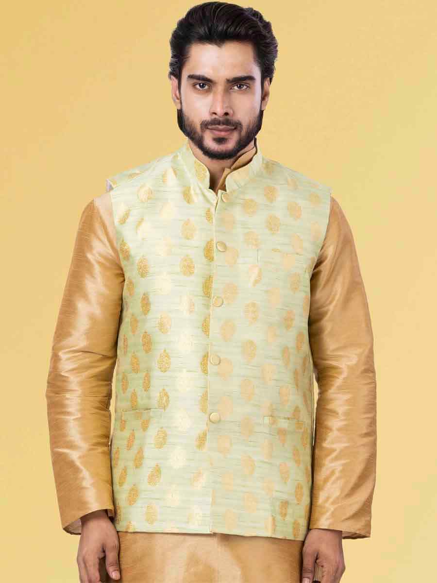 Gold Dhupion Raw Silk Woven Festival Wedding Kurta Waistcoat