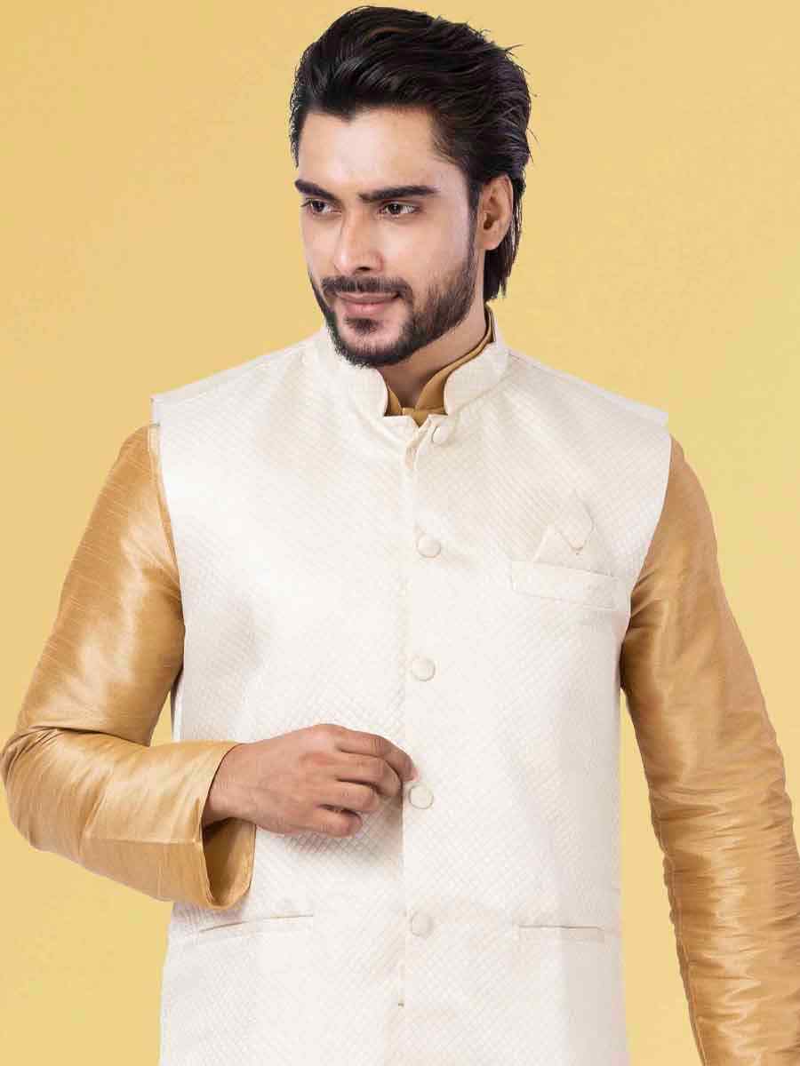 Gold Dhupion Raw Silk Woven Festival Wedding Kurta Waistcoat