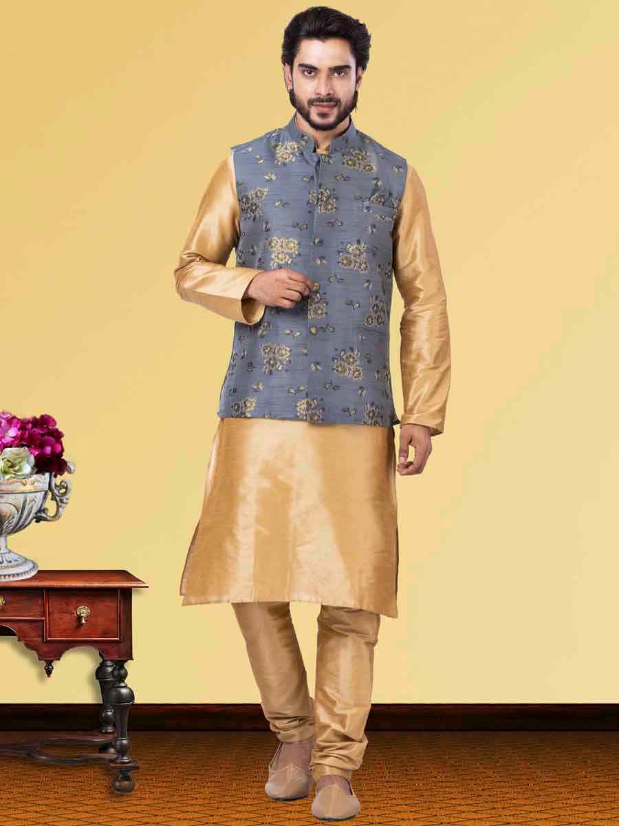 Gold Dhupion Raw Silk Woven Festival Wedding Kurta Waistcoat