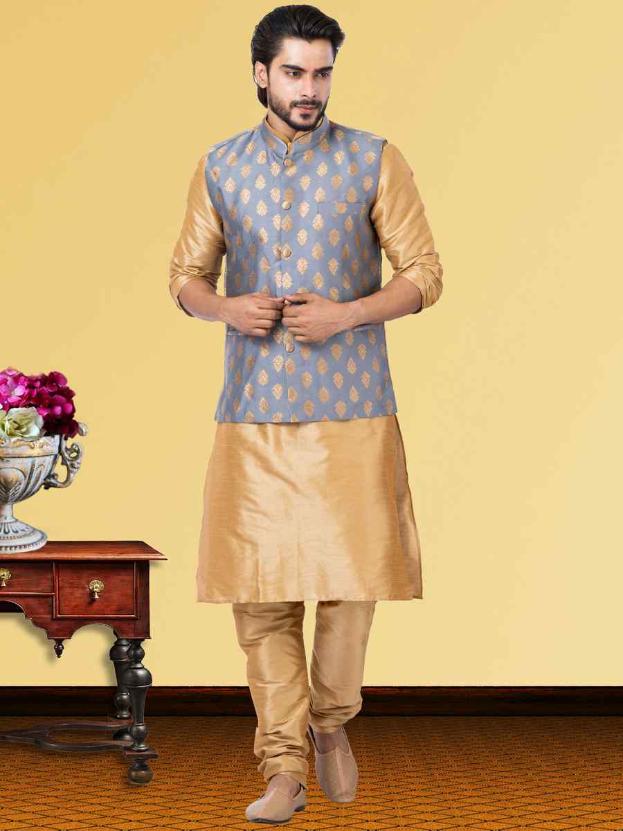 Gold Dhupion Raw Silk Woven Festival Wedding Kurta Waistcoat