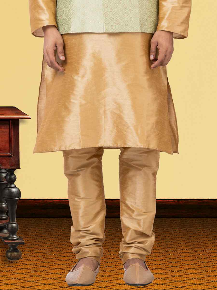 Gold Dhupion Raw Silk Woven Festival Wedding Kurta Waistcoat