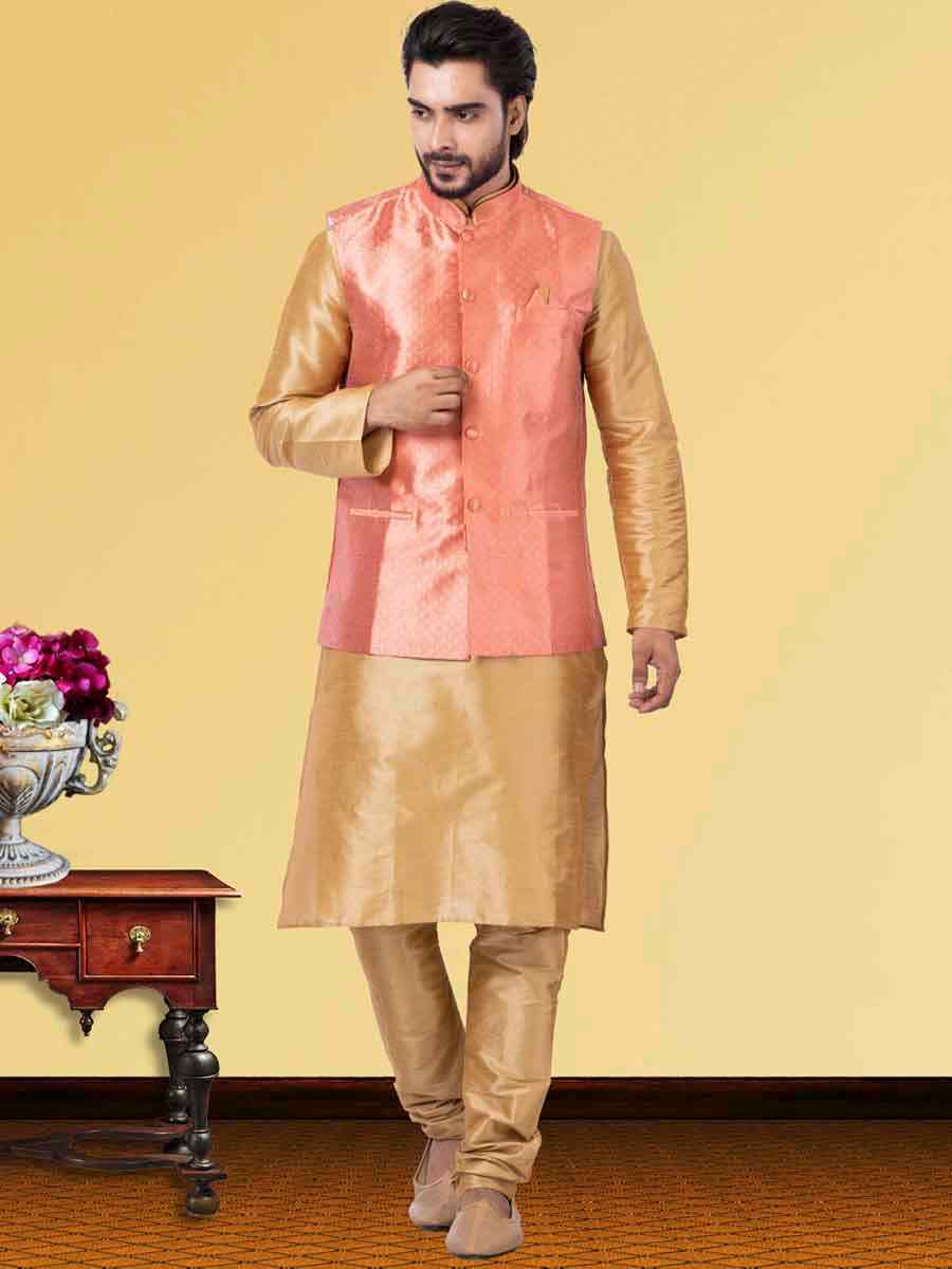 Gold Dhupion Raw Silk Woven Festival Wedding Kurta Waistcoat