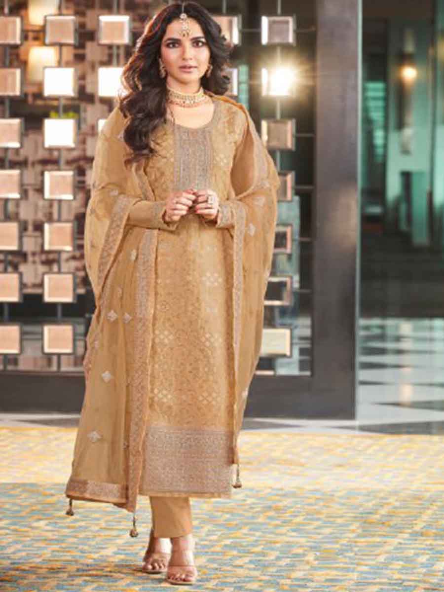 Gold Dola Jacquard Silk Embroidered Festival Casual Pant Salwar Kameez