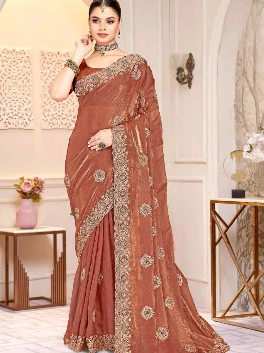 Gold Fendi Satin Silk Embroidery Traditional Casual Reception Festival Wedding Fancy Heavy Border Saree