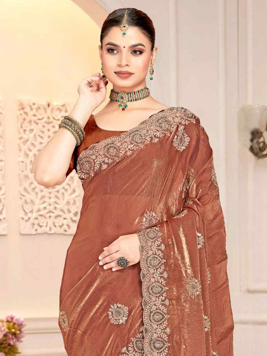 Gold Fendi Satin Silk Embroidery Traditional Casual Reception Festival Wedding Fancy Heavy Border Saree