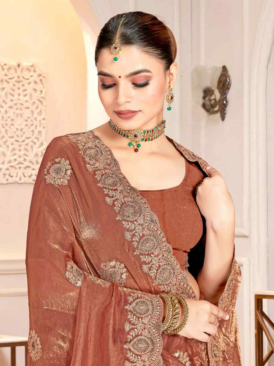 Gold Fendi Satin Silk Embroidery Traditional Casual Reception Festival Wedding Fancy Heavy Border Saree