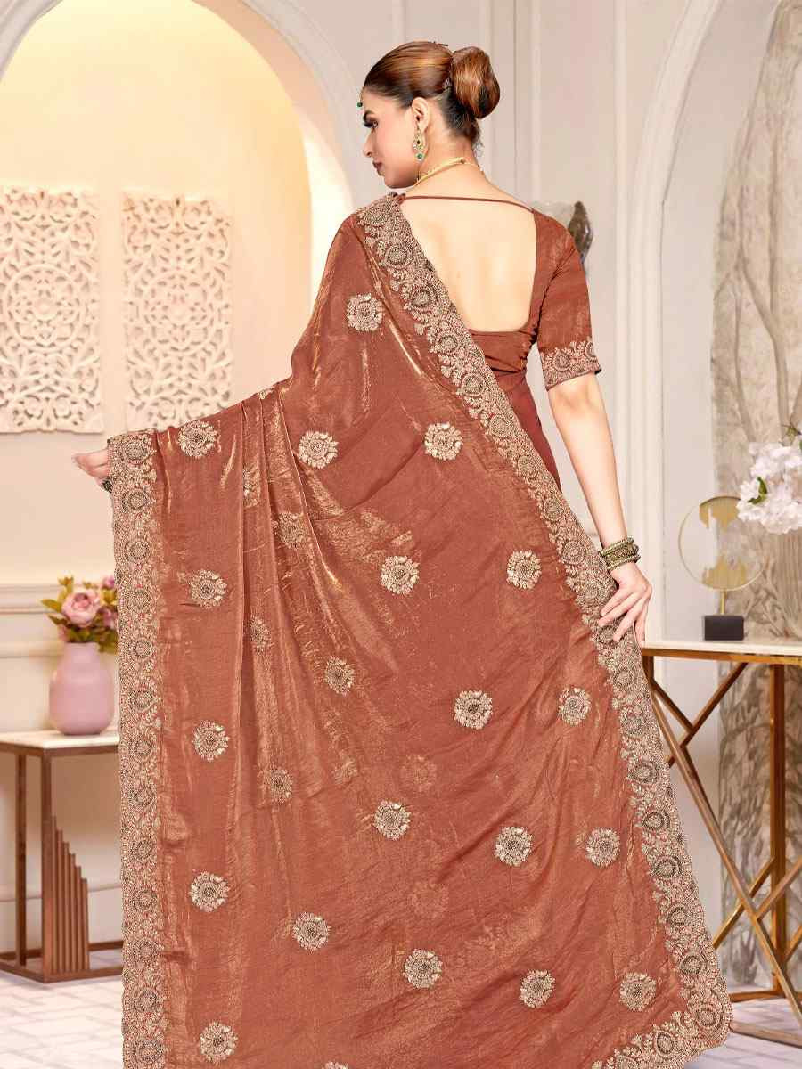 Gold Fendi Satin Silk Embroidery Traditional Casual Reception Festival Wedding Fancy Heavy Border Saree