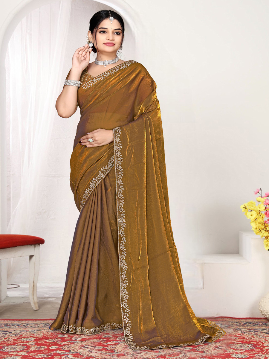 Gold Fendi satin silk Zircon Stone Embroidery Festival Wedding Fancy Classic Heavy Border Saree