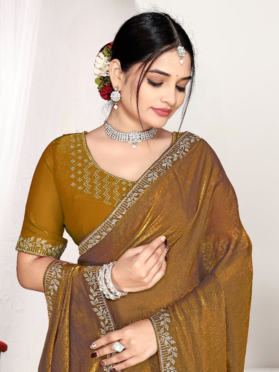 Gold Fendi satin silk Zircon Stone Embroidery Festival Wedding Fancy Classic Heavy Border Saree