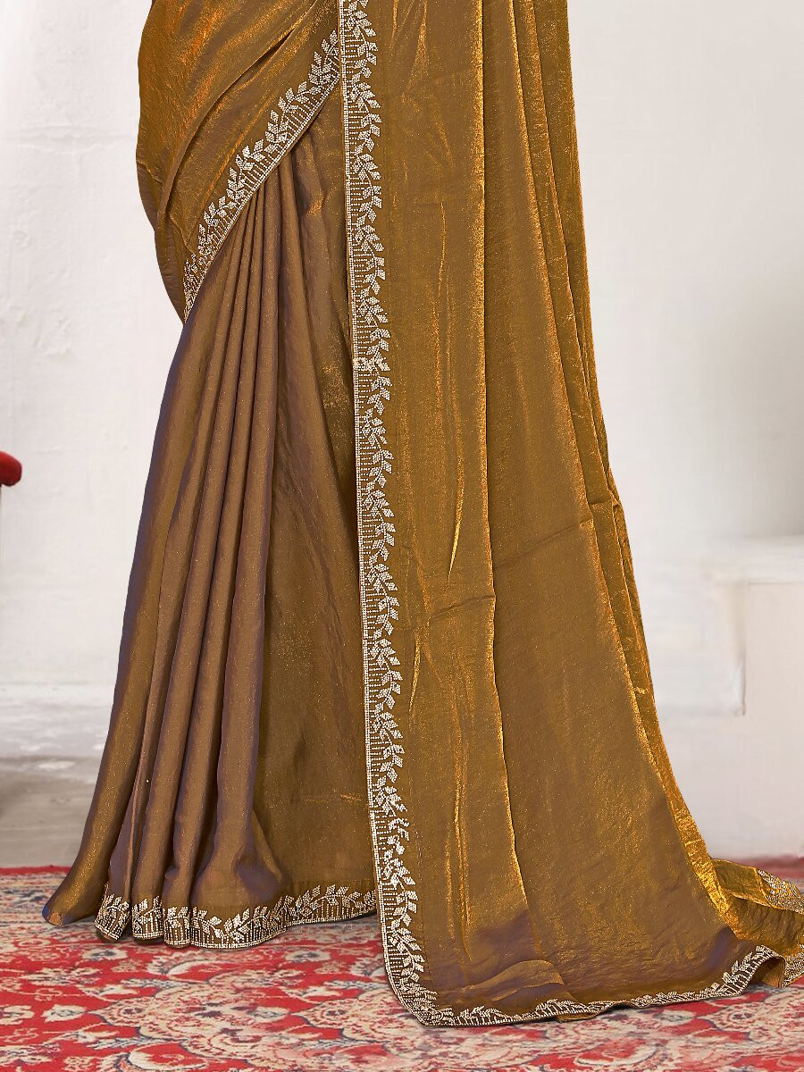 Gold Fendi satin silk Zircon Stone Embroidery Festival Wedding Fancy Classic Heavy Border Saree
