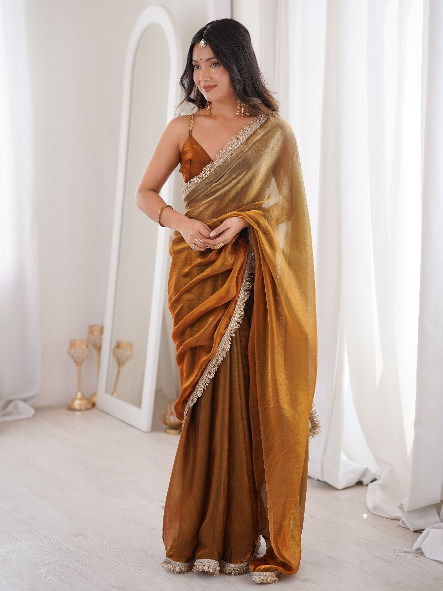 Gold Fendy Satin Zari Sequins Double Shaded Wedding Reception Party Festival Casual Heavy Border Sarees