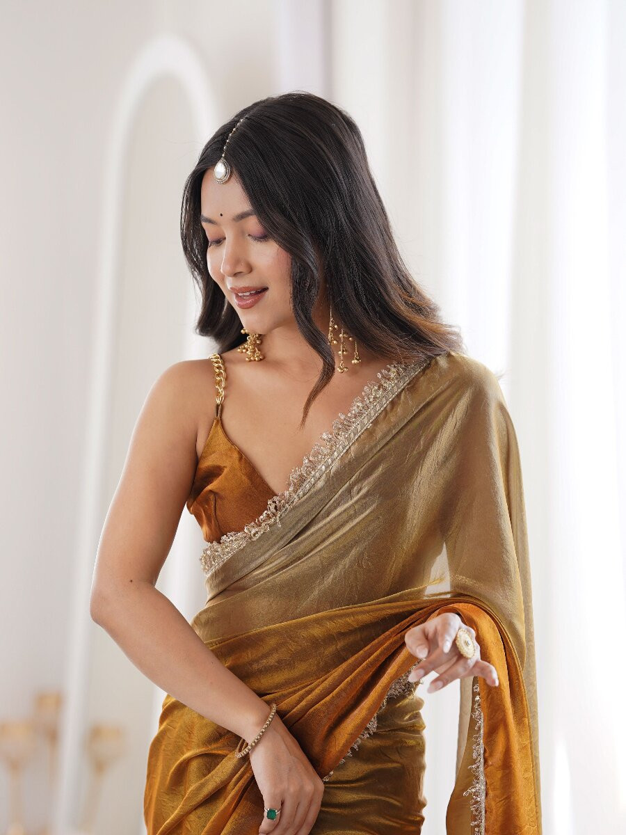 Gold Fendy Satin Zari Sequins Double Shaded Wedding Reception Party Festival Casual Heavy Border Sarees