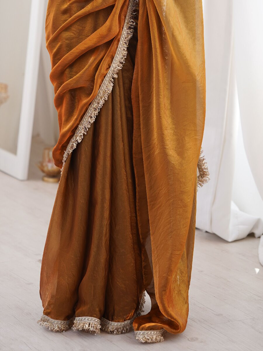 Gold Fendy Satin Zari Sequins Double Shaded Wedding Reception Party Festival Casual Heavy Border Sarees
