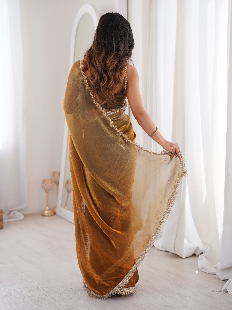 Gold Fendy Satin Zari Sequins Double Shaded Wedding Reception Party Festival Casual Heavy Border Sarees