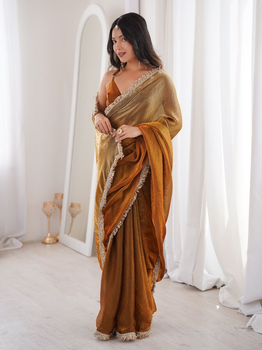 Gold Fendy Satin Zari Sequins Double Shaded Wedding Reception Party Festival Casual Heavy Border Sarees
