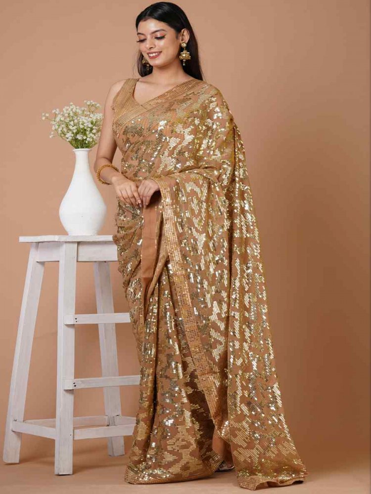 Gold Georgette Sequins Party Festival Classic Style Saree