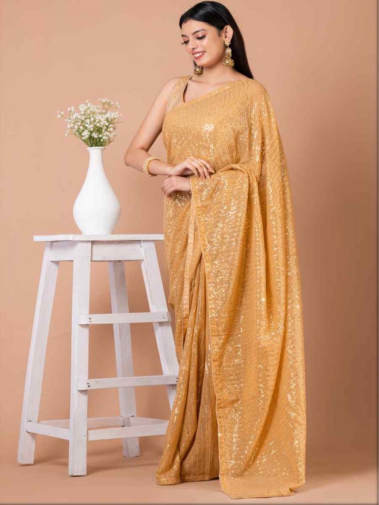 Gold Georgette Sequins Party Festival Classic Style Saree