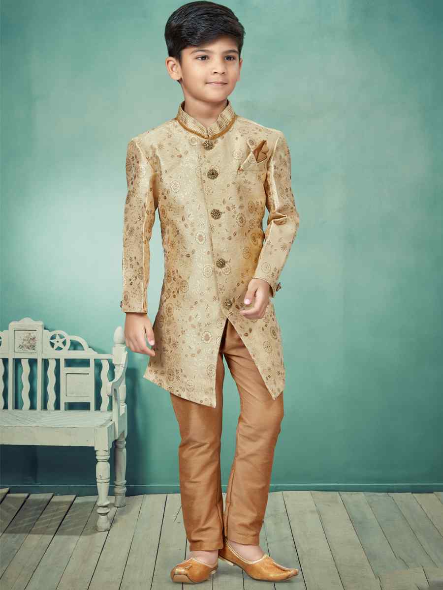 Gold Heavy Banarasi Jacquard Embroidered Party Festival Kurta Pyjama Boys Wear