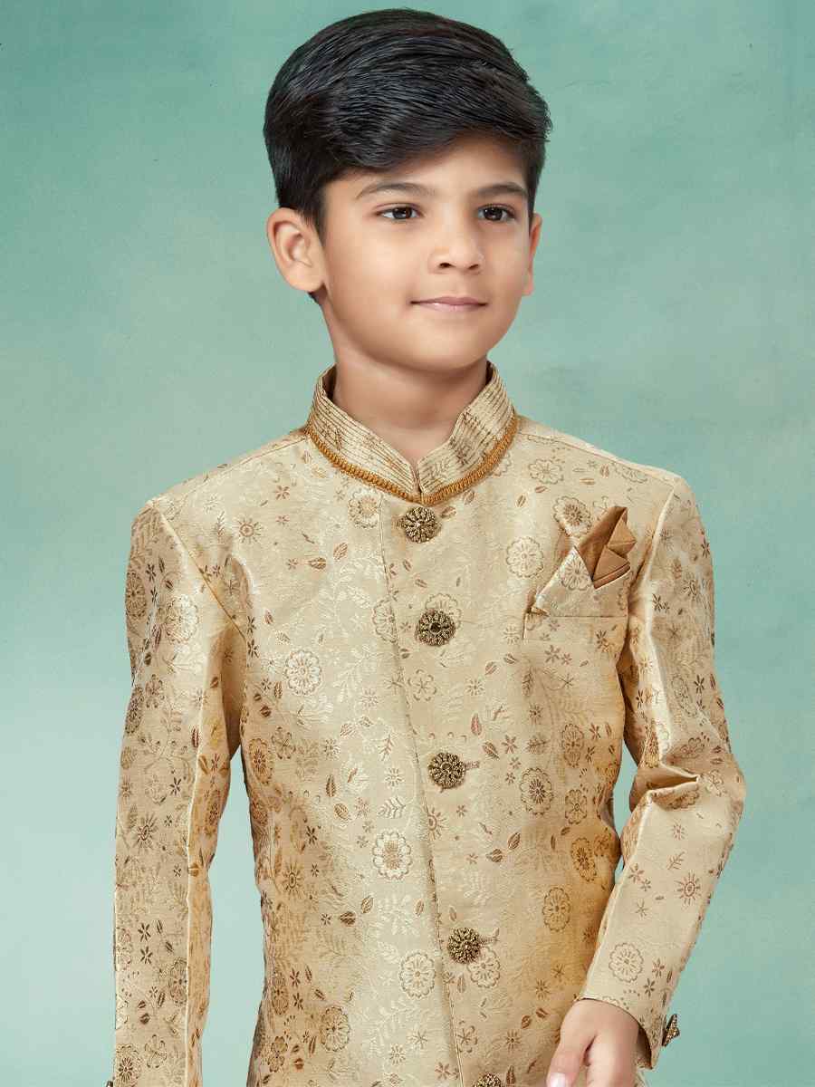 Gold Heavy Banarasi Jacquard Embroidered Party Festival Kurta Pyjama Boys Wear