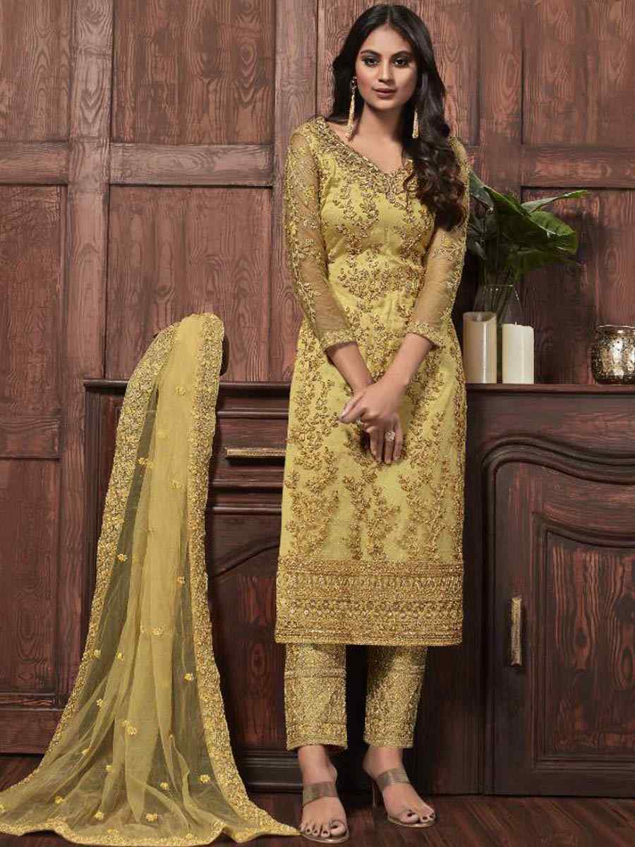 Gold Heavy Butterfly Net Embroidered Festival Party Pant Salwar Kameez