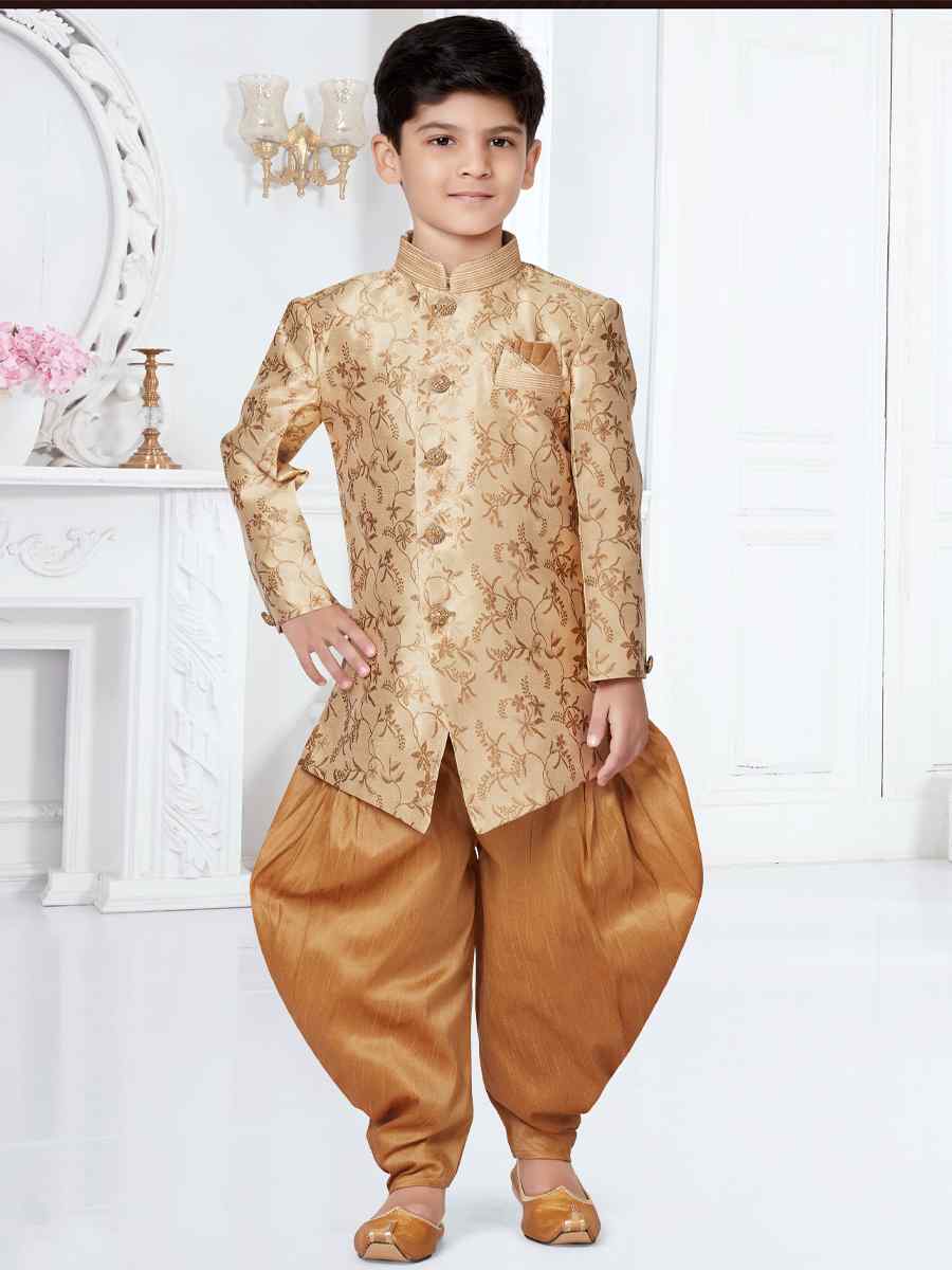 Gold Heavy Jacquard Floral Party Festival Kurta Dhoti Boys Wear