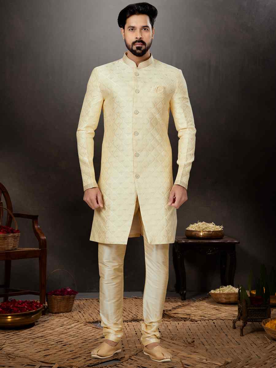 Gold Jacquard Embroidered Festival Wedding Sherwani