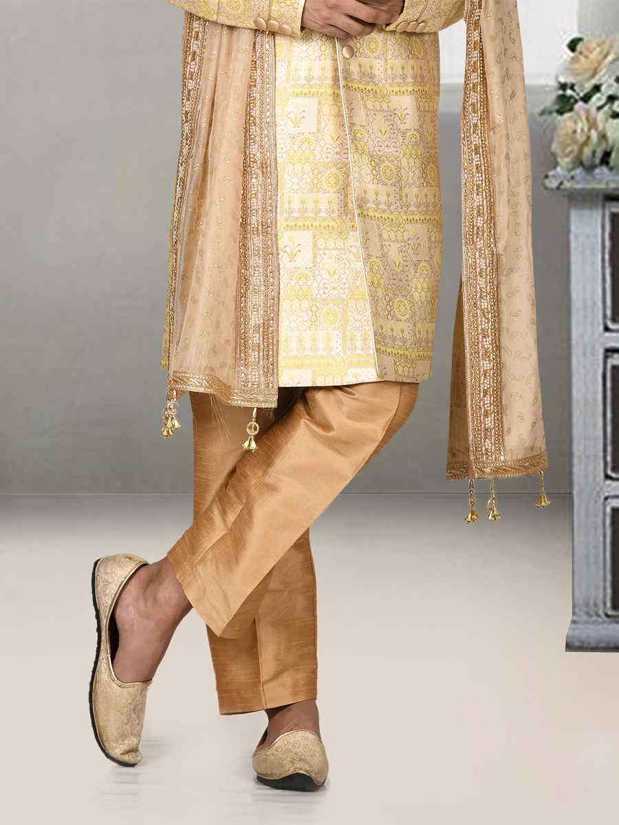 Gold Jacquard Embroidered Groom Wedding Sherwani