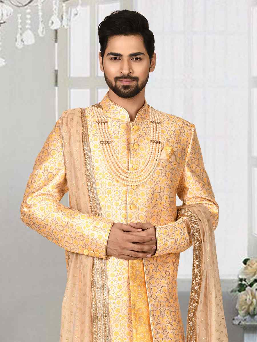 Gold Jacquard Embroidered Groom Wedding Sherwani