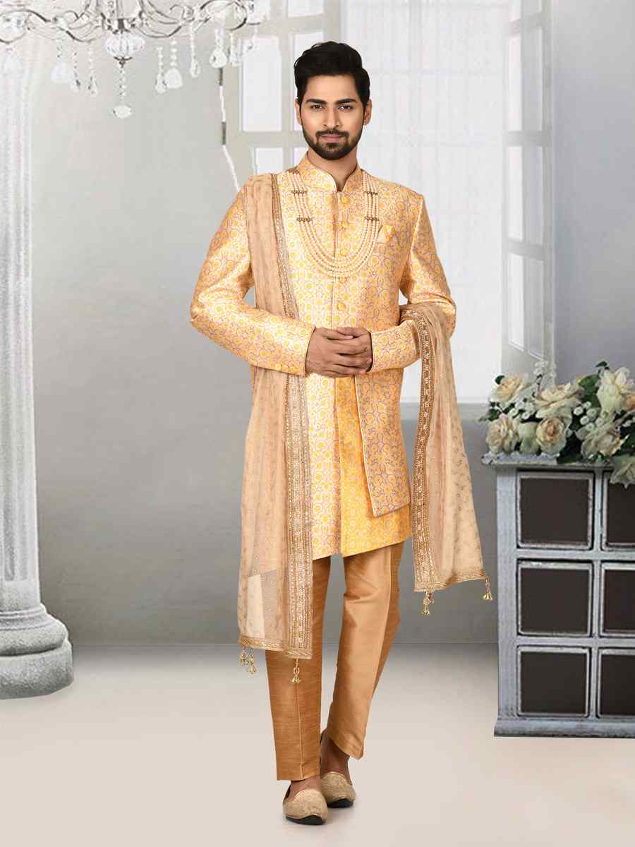 Gold Jacquard Embroidered Groom Wedding Sherwani