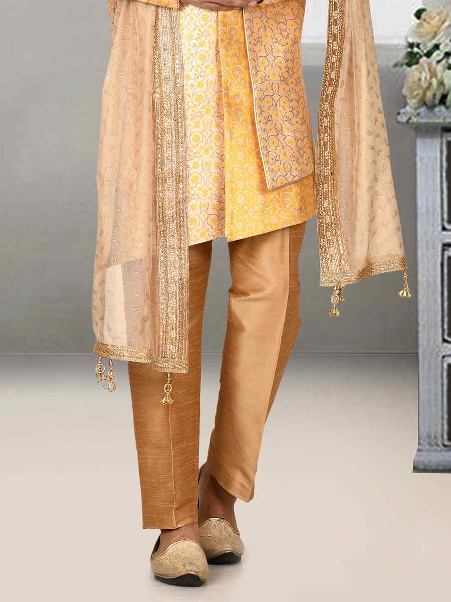Gold Jacquard Embroidered Groom Wedding Sherwani
