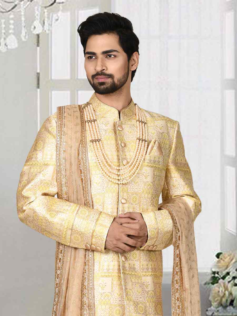 Gold Jacquard Embroidered Groom Wedding Sherwani