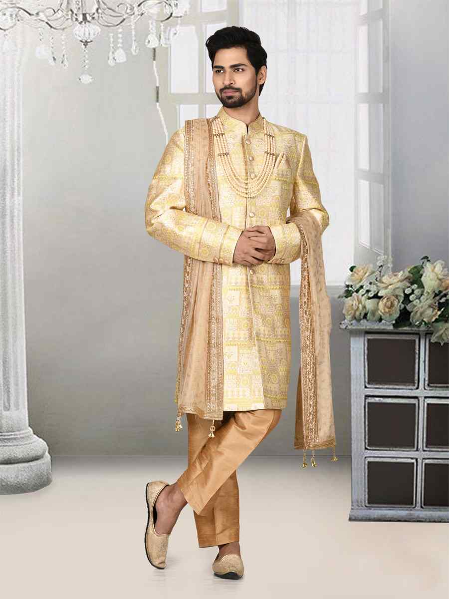 Gold Jacquard Embroidered Groom Wedding Sherwani