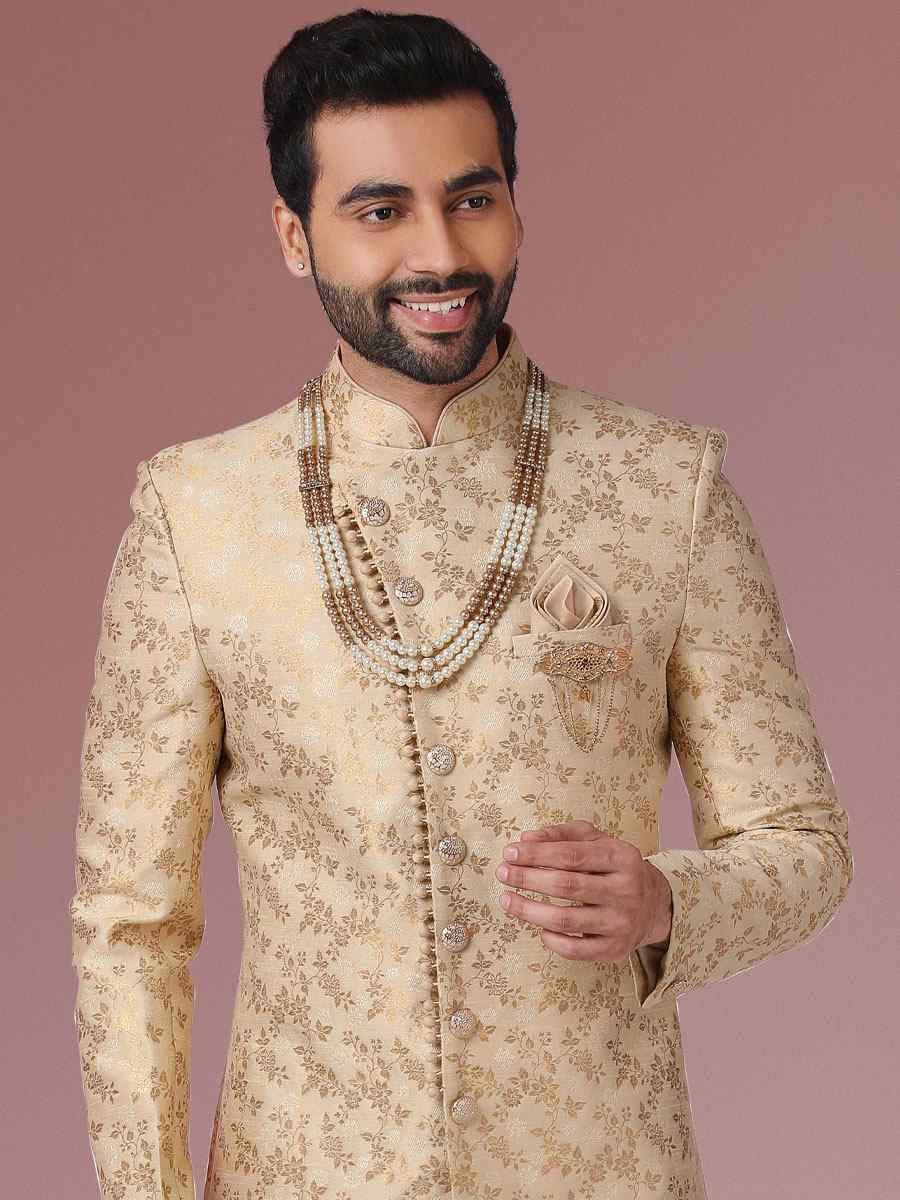 Gold Jacquard Silk Brocade Embroidered Party Peshwari Kurta