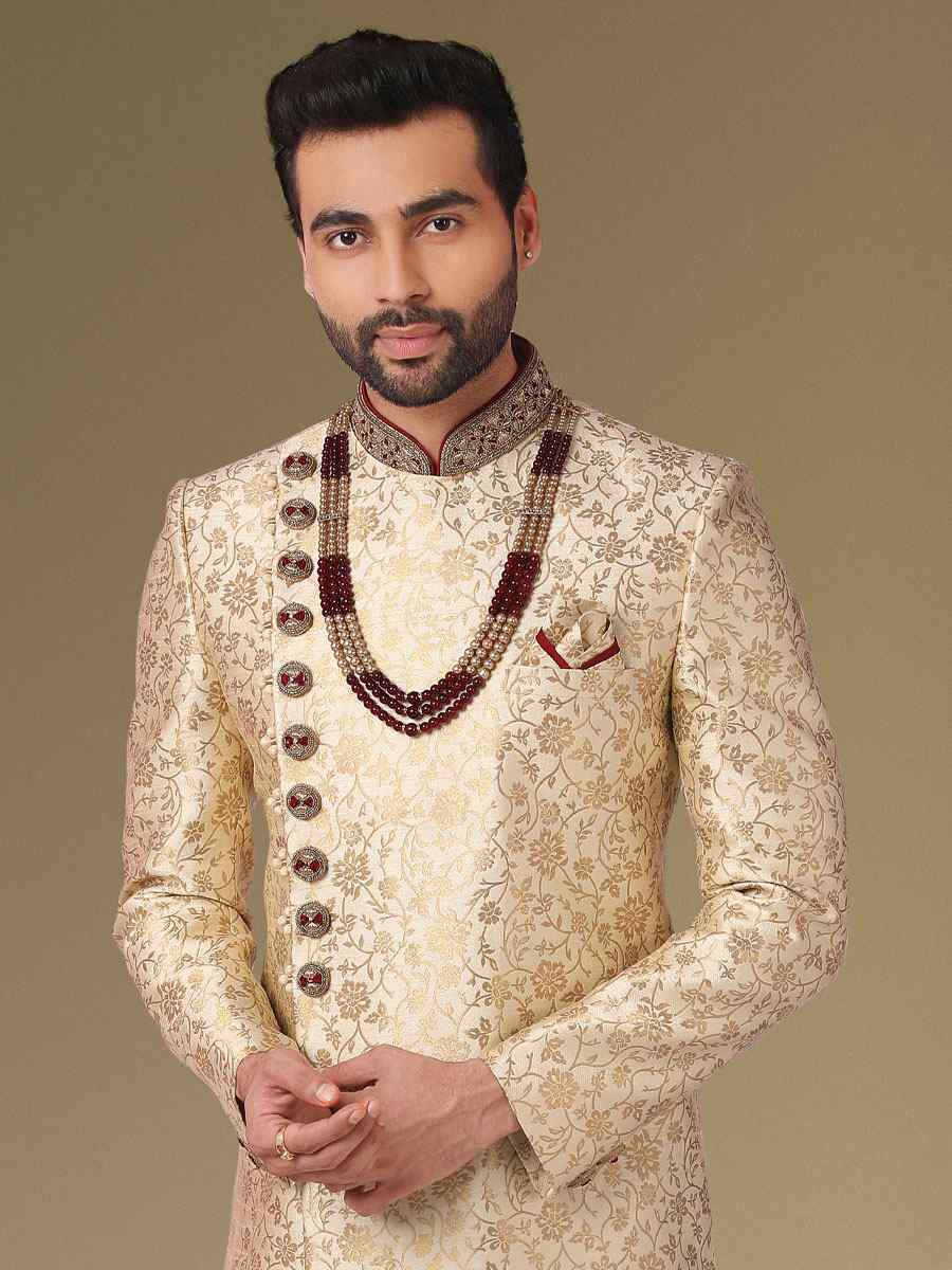 Gold Jacquard Silk Brocade Embroidered Party Peshwari Kurta