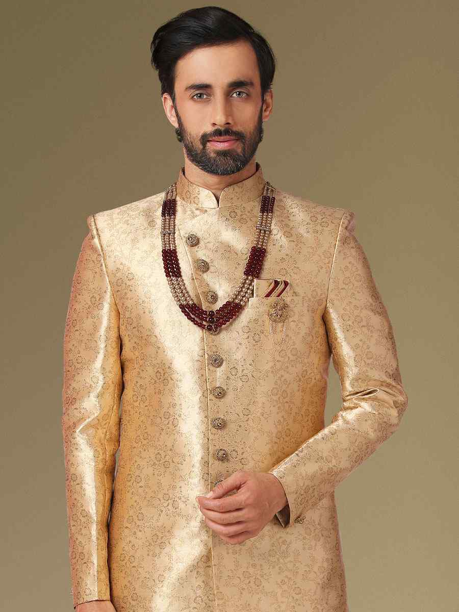 Gold Jacquard Silk Brocade Embroidered Party Peshwari Kurta